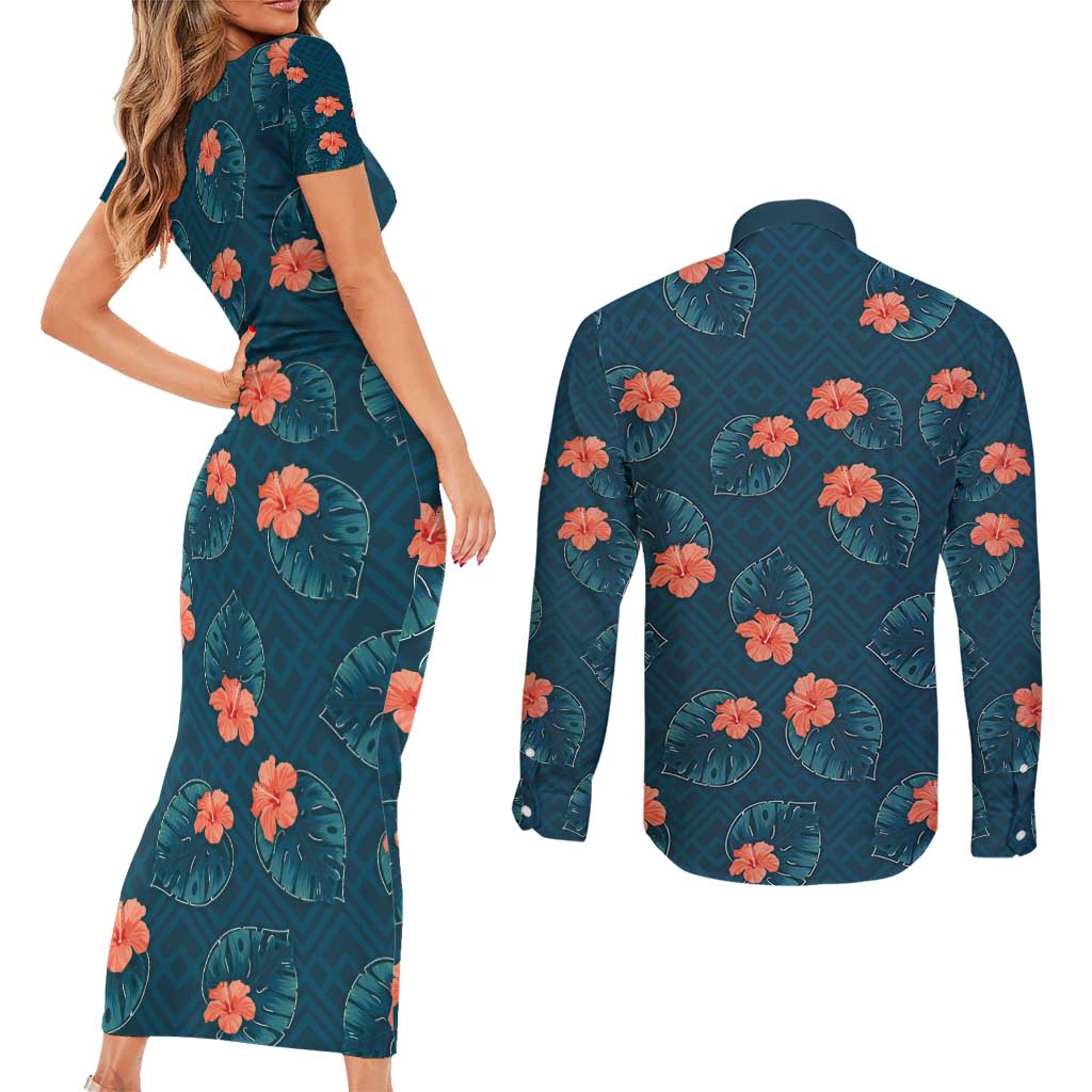 Hawaii Monstera Couples Matching Short Sleeve Bodycon Dress and Long Sleeve Button Shirt Hibiscus Flowers Simple Style DT05 - Polynesian Pride