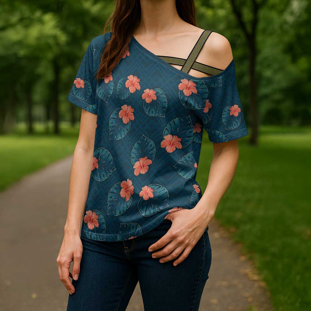 Hawaii Monstera Cross Shoulder Shirt Hibiscus Flowers Simple Style - Polynesian Pride