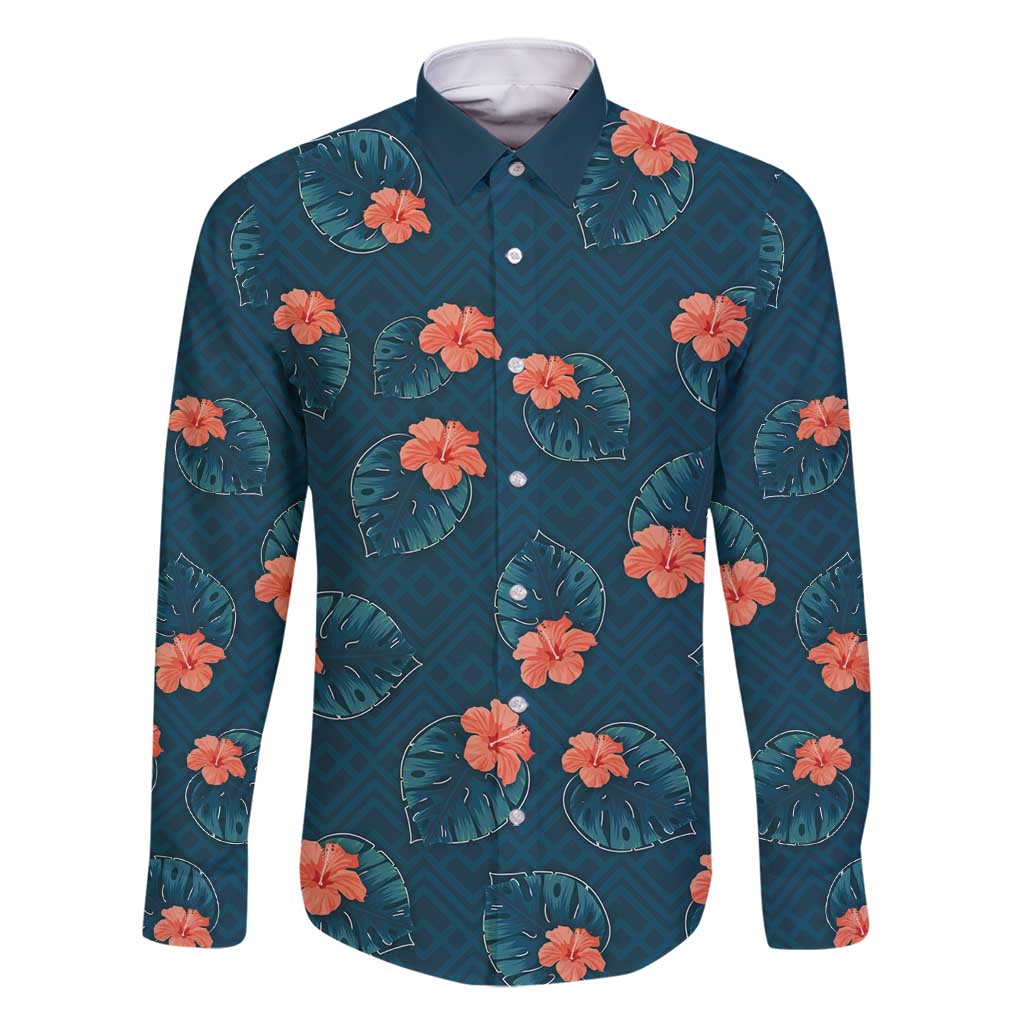 Hawaii Monstera Family Matching Long Sleeve Bodycon Dress and Hawaiian Shirt Hibiscus Flowers Simple Style DT05 Dad's Shirt - Long Sleeve Dark Teal - Polynesian Pride