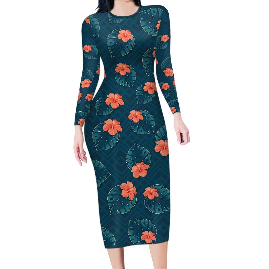 Hawaii Monstera Family Matching Long Sleeve Bodycon Dress and Hawaiian Shirt Hibiscus Flowers Simple Style DT05 Mom's Dress Dark Teal - Polynesian Pride