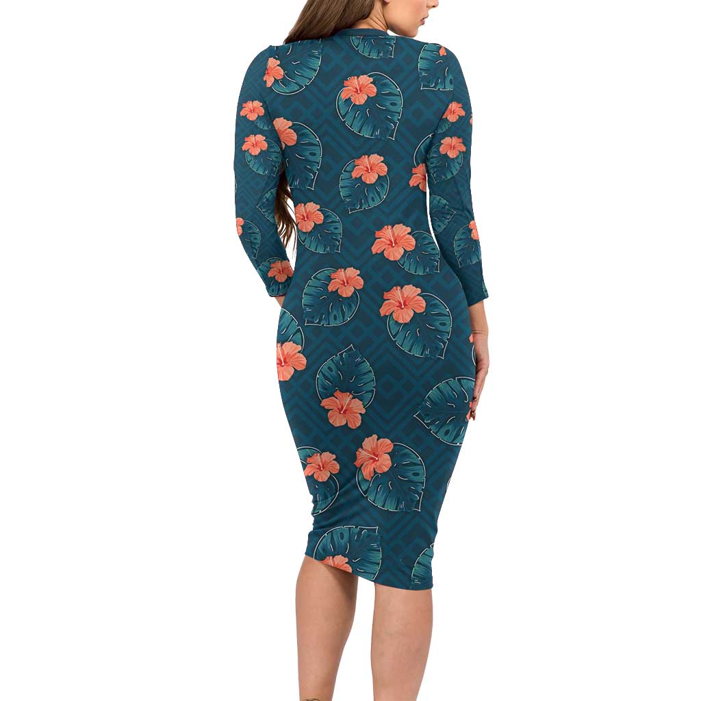 Hawaii Monstera Family Matching Long Sleeve Bodycon Dress and Hawaiian Shirt Hibiscus Flowers Simple Style DT05 - Polynesian Pride
