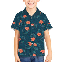 Hawaii Monstera Family Matching Long Sleeve Bodycon Dress and Hawaiian Shirt Hibiscus Flowers Simple Style DT05 Son's Shirt Dark Teal - Polynesian Pride