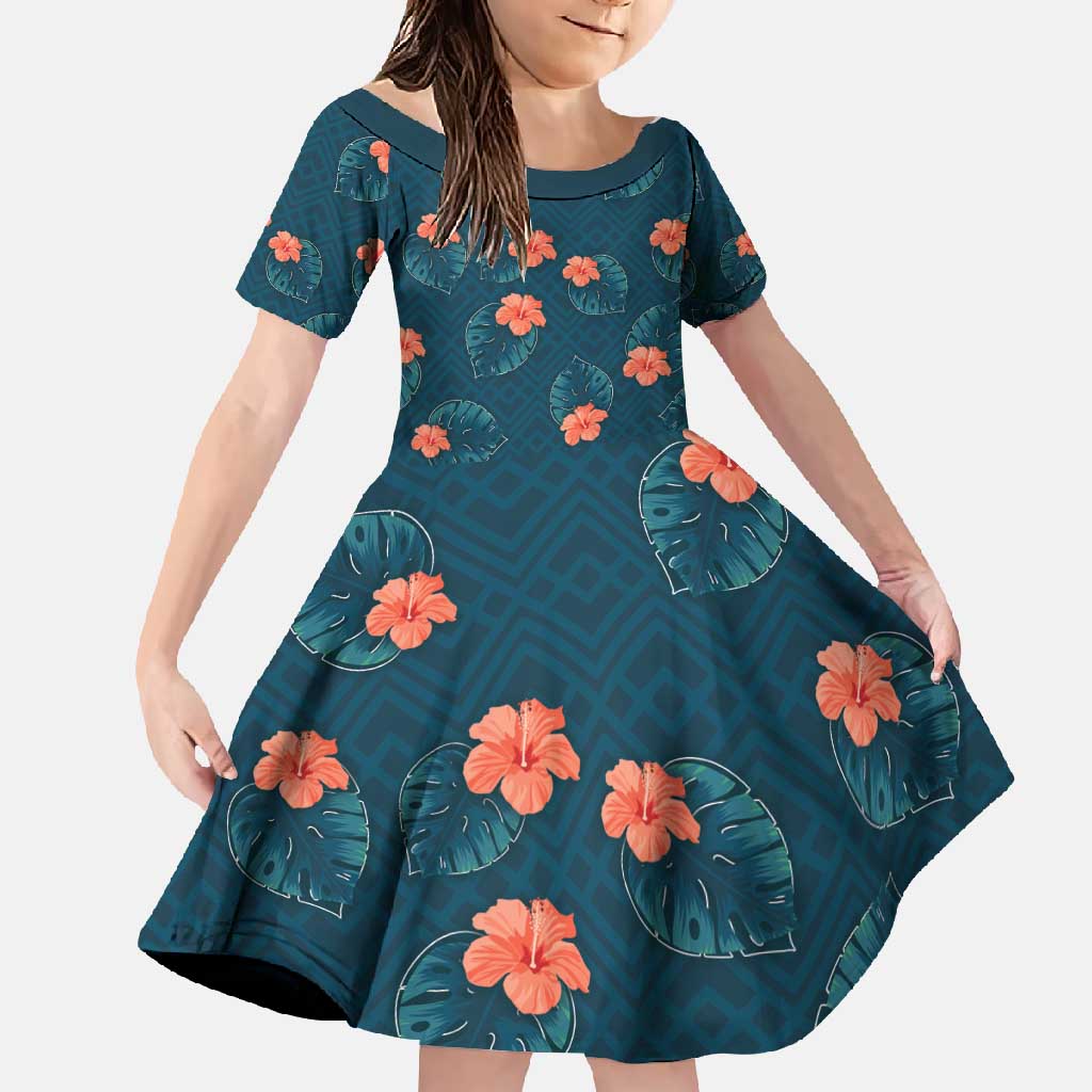 Hawaii Monstera Family Matching Mermaid Dress and Hawaiian Shirt Hibiscus Flowers Simple Style DT05 Daughter's Dress Dark Teal - Polynesian Pride