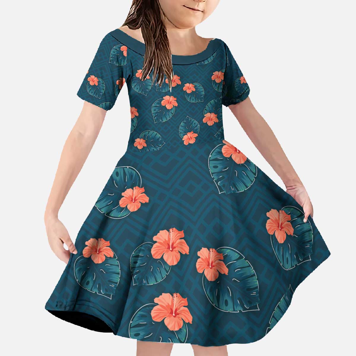 Hawaii Monstera Family Matching Off The Shoulder Long Sleeve Dress and Hawaiian Shirt Hibiscus Flowers Simple Style DT05 Daughter's Dress Dark Teal - Polynesian Pride
