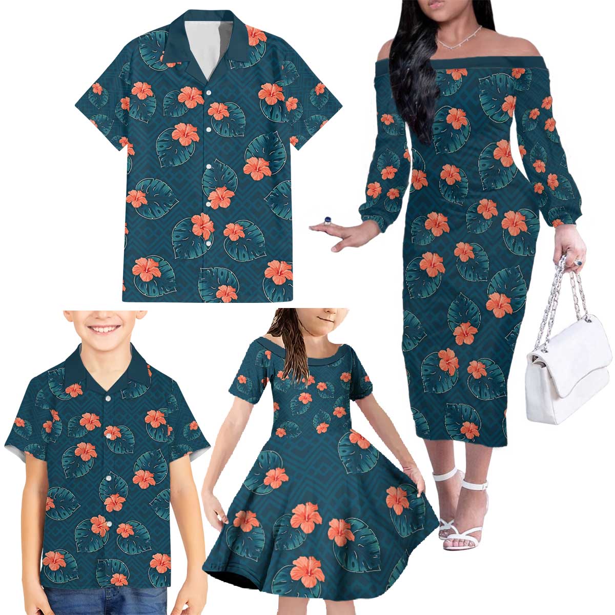 Hawaii Monstera Family Matching Off The Shoulder Long Sleeve Dress and Hawaiian Shirt Hibiscus Flowers Simple Style DT05 - Polynesian Pride
