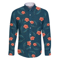 Hawaii Monstera Family Matching Off The Shoulder Long Sleeve Dress and Hawaiian Shirt Hibiscus Flowers Simple Style DT05 Dad's Shirt - Long Sleeve Dark Teal - Polynesian Pride