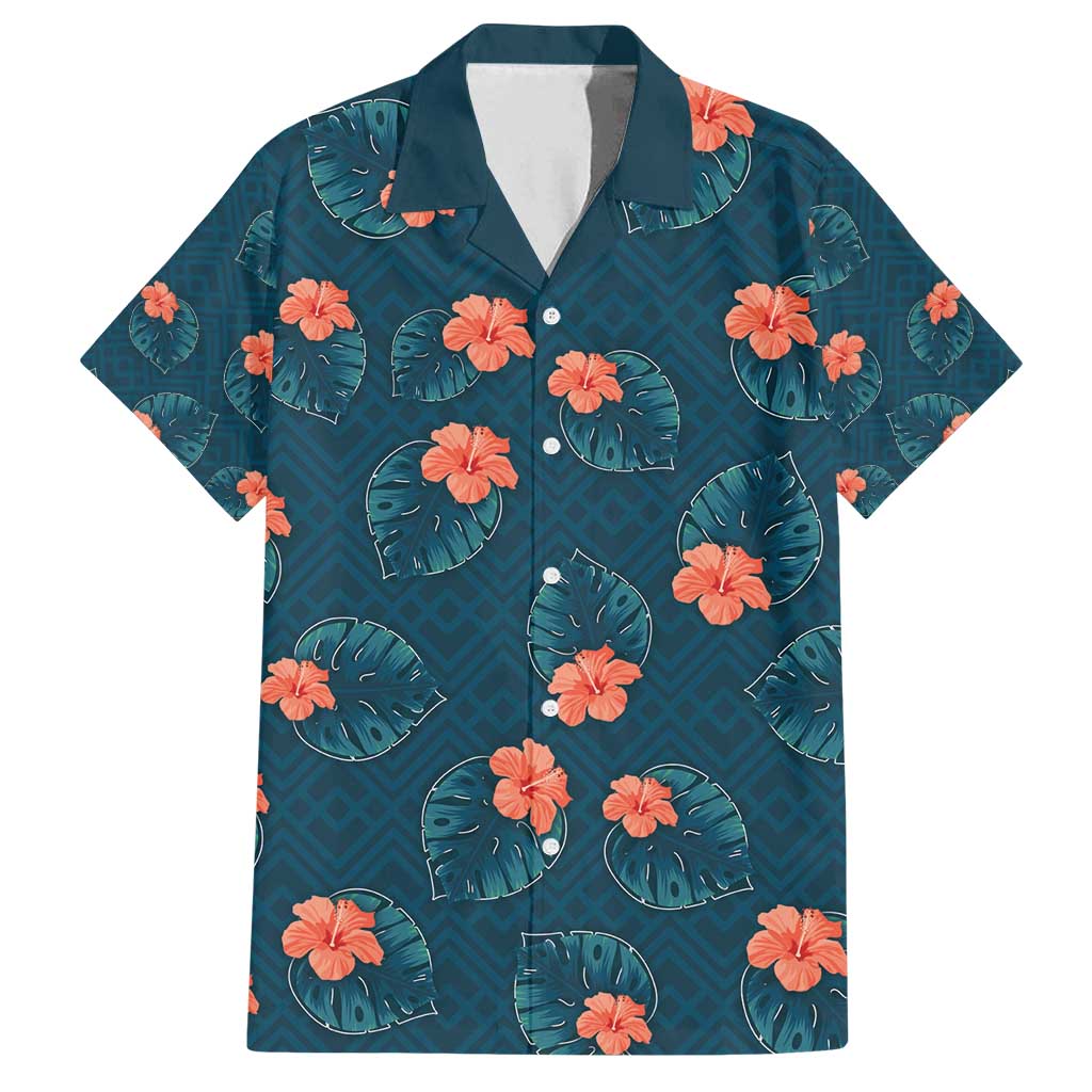 Hawaii Monstera Family Matching Off Shoulder Maxi Dress and Hawaiian Shirt Hibiscus Flowers Simple Style DT05 Dad's Shirt - Short Sleeve Dark Teal - Polynesian Pride