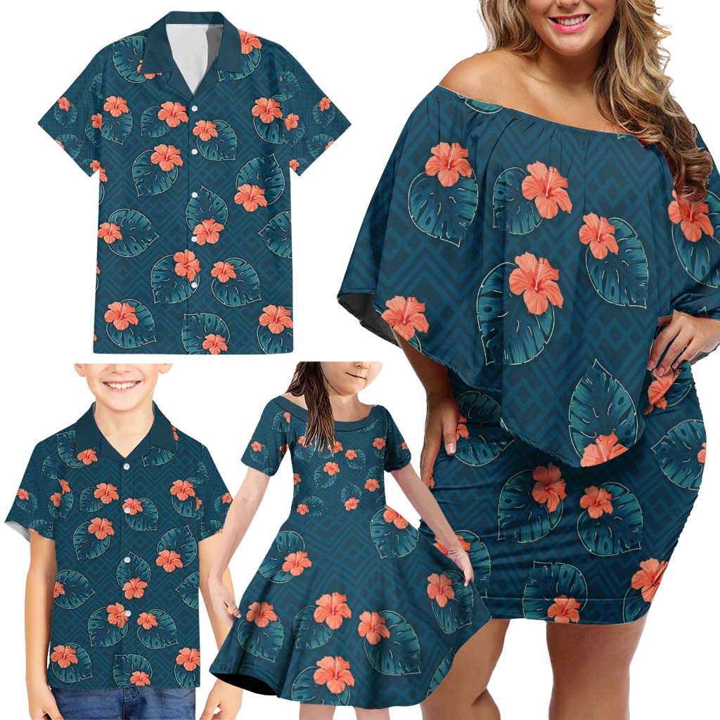 Hawaii Monstera Family Matching Off Shoulder Short Dress and Hawaiian Shirt Hibiscus Flowers Simple Style - Polynesian Pride