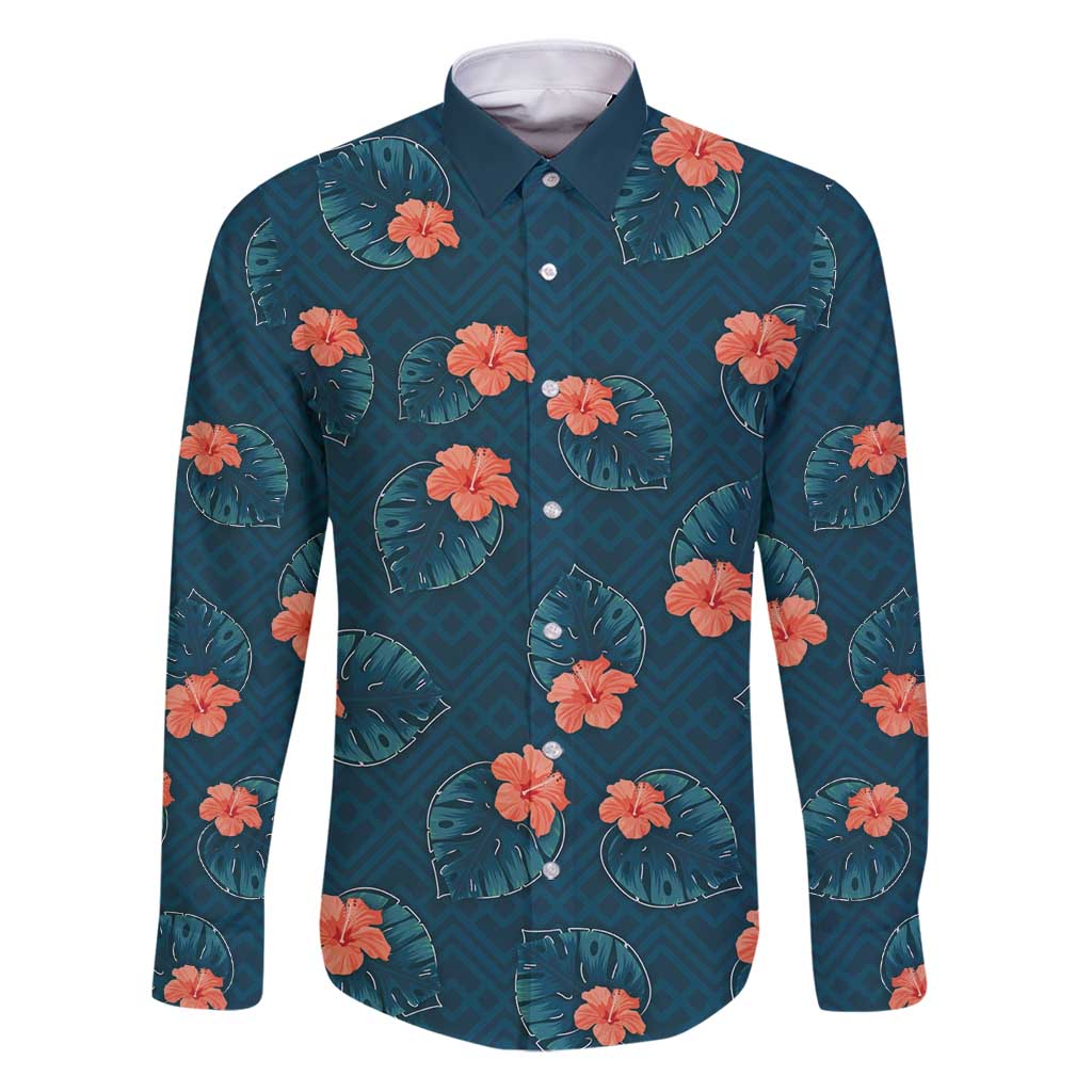 Hawaii Monstera Family Matching Puletasi and Hawaiian Shirt Hibiscus Flowers Simple Style DT05 Dad's Shirt - Long Sleeve Dark Teal - Polynesian Pride