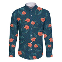 Hawaii Monstera Family Matching Puletasi and Hawaiian Shirt Hibiscus Flowers Simple Style DT05 Dad's Shirt - Long Sleeve Dark Teal - Polynesian Pride
