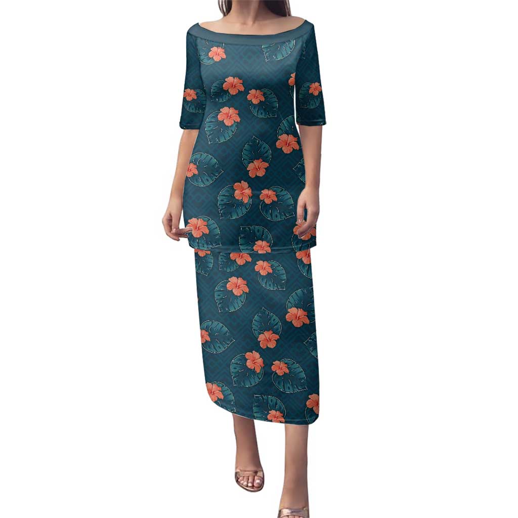 Hawaii Monstera Family Matching Puletasi and Hawaiian Shirt Hibiscus Flowers Simple Style DT05 Mom's Dress Dark Teal - Polynesian Pride