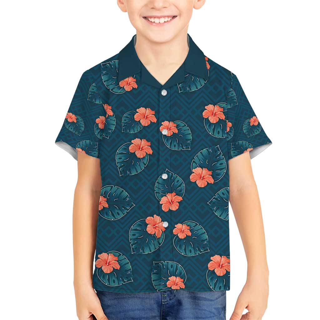 Hawaii Monstera Family Matching Tank Maxi Dress and Hawaiian Shirt Hibiscus Flowers Simple Style DT05 Son's Shirt Dark Teal - Polynesian Pride