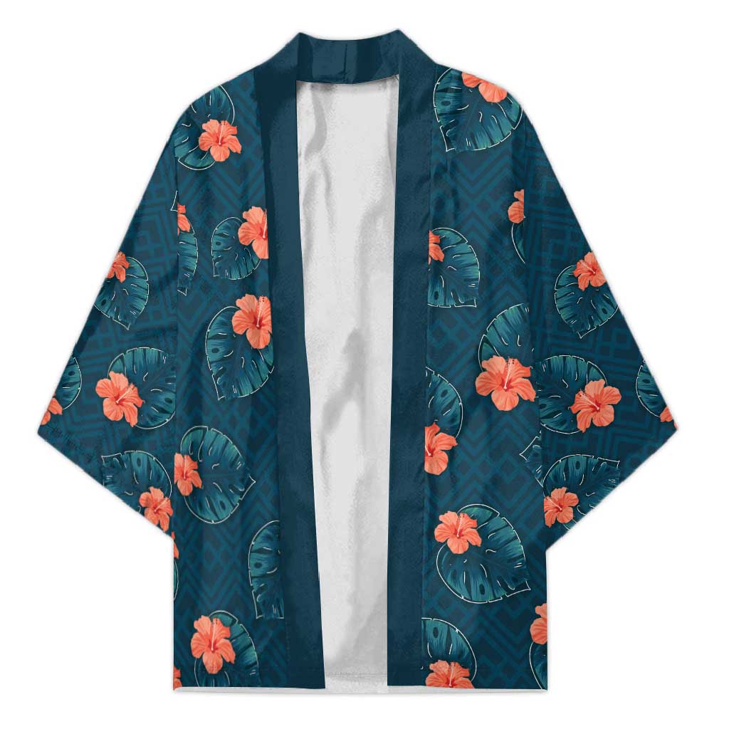 Hawaii Monstera Kimono Hibiscus Flowers Simple Style DT05 Unisex Dark Teal - Polynesian Pride
