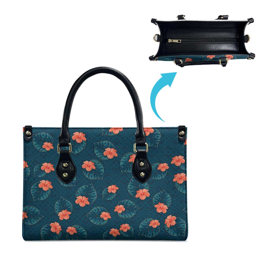Hawaii Monstera Leather Bag Hibiscus Flowers Simple Style - Polynesian Pride