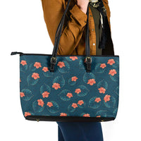 Hawaii Monstera Leather Tote Bag Hibiscus Flowers Simple Style - Polynesian Pride