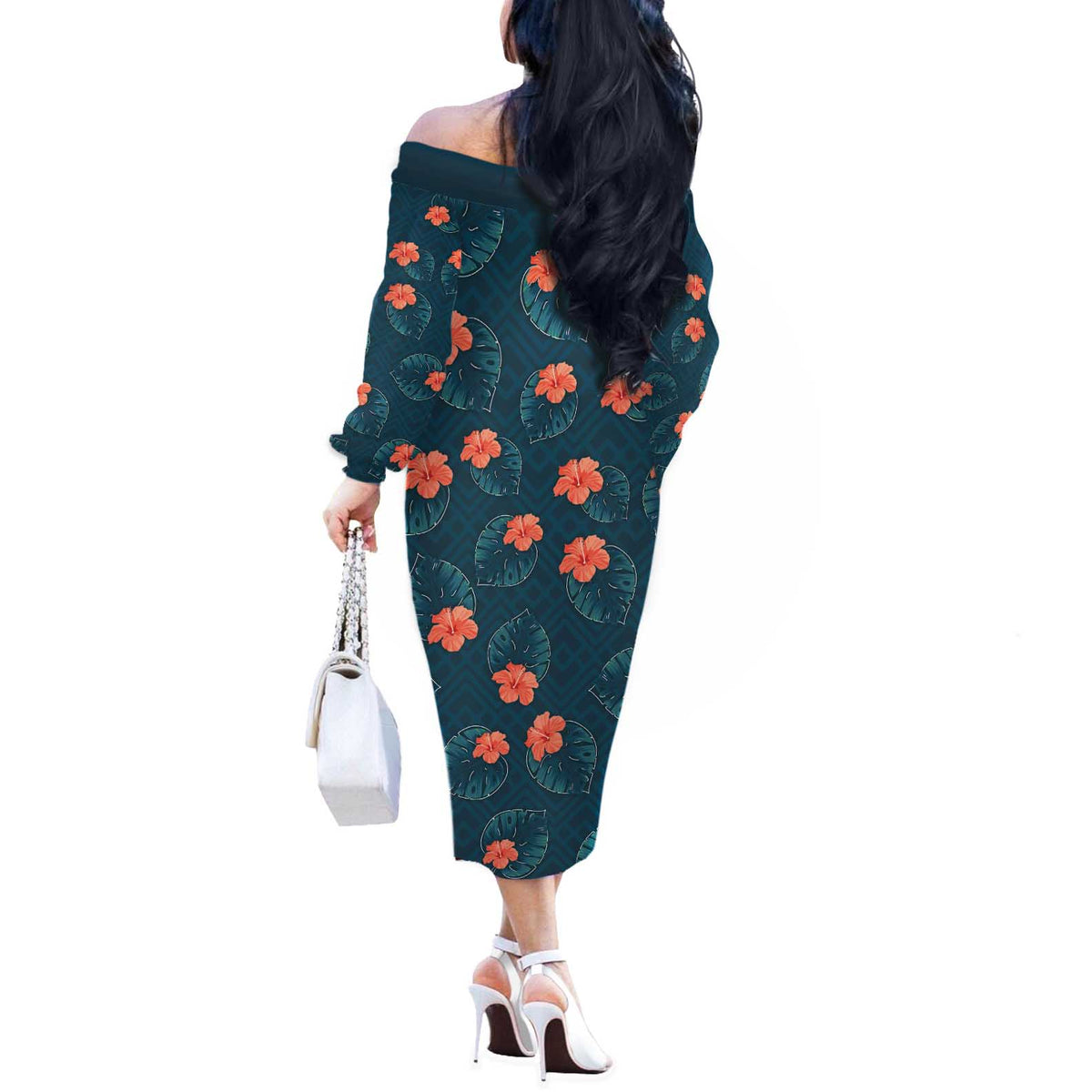 Hawaii Monstera Off The Shoulder Long Sleeve Dress Hibiscus Flowers Simple Style - Polynesian Pride