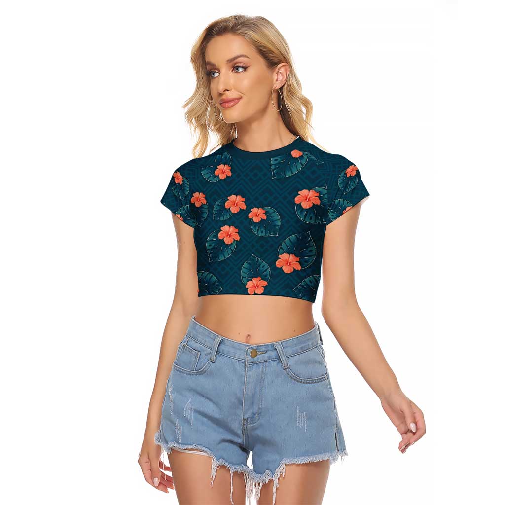 Hawaii Monstera Raglan Cropped T Shirt Hibiscus Flowers Simple Style - Polynesian Pride