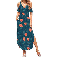 Hawaii Monstera Summer Maxi Dress Hibiscus Flowers Simple Style DT05 Women Dark Teal - Polynesian Pride