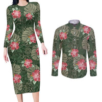 Hawaii Couples Matching Long Sleeve Bodycon Dress and Long Sleeve Button Shirt Green Polynesian Monstera Patterns - Polynesian Pride
