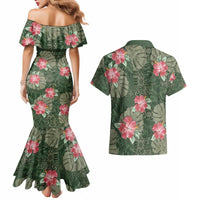 Hawaii Couples Matching Mermaid Dress and Hawaiian Shirt Green Polynesian Monstera Patterns - Polynesian Pride