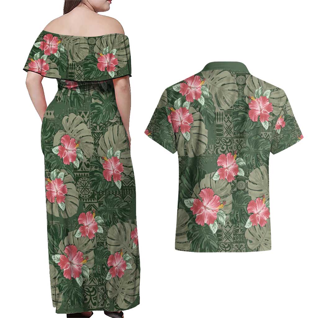 Hawaii Couples Matching Off Shoulder Maxi Dress and Hawaiian Shirt Green Polynesian Monstera Patterns - Polynesian Pride