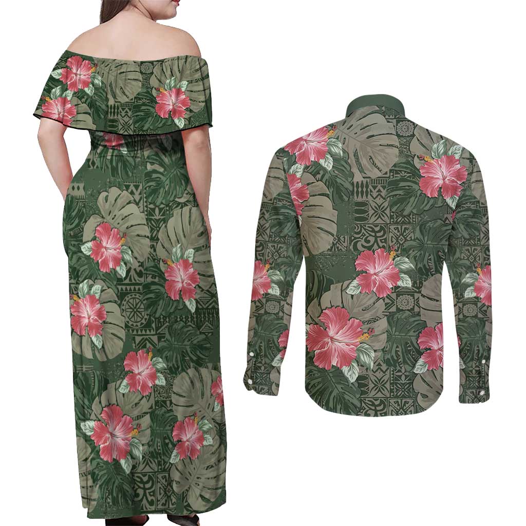Hawaii Couples Matching Off Shoulder Maxi Dress and Long Sleeve Button Shirt Green Polynesian Monstera Patterns - Polynesian Pride