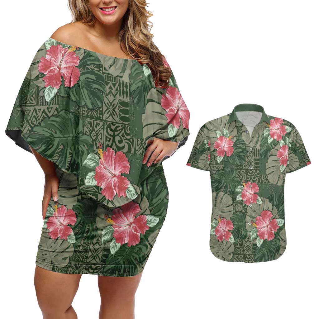 Hawaii Couples Matching Off Shoulder Short Dress and Hawaiian Shirt Green Polynesian Monstera Patterns - Polynesian Pride