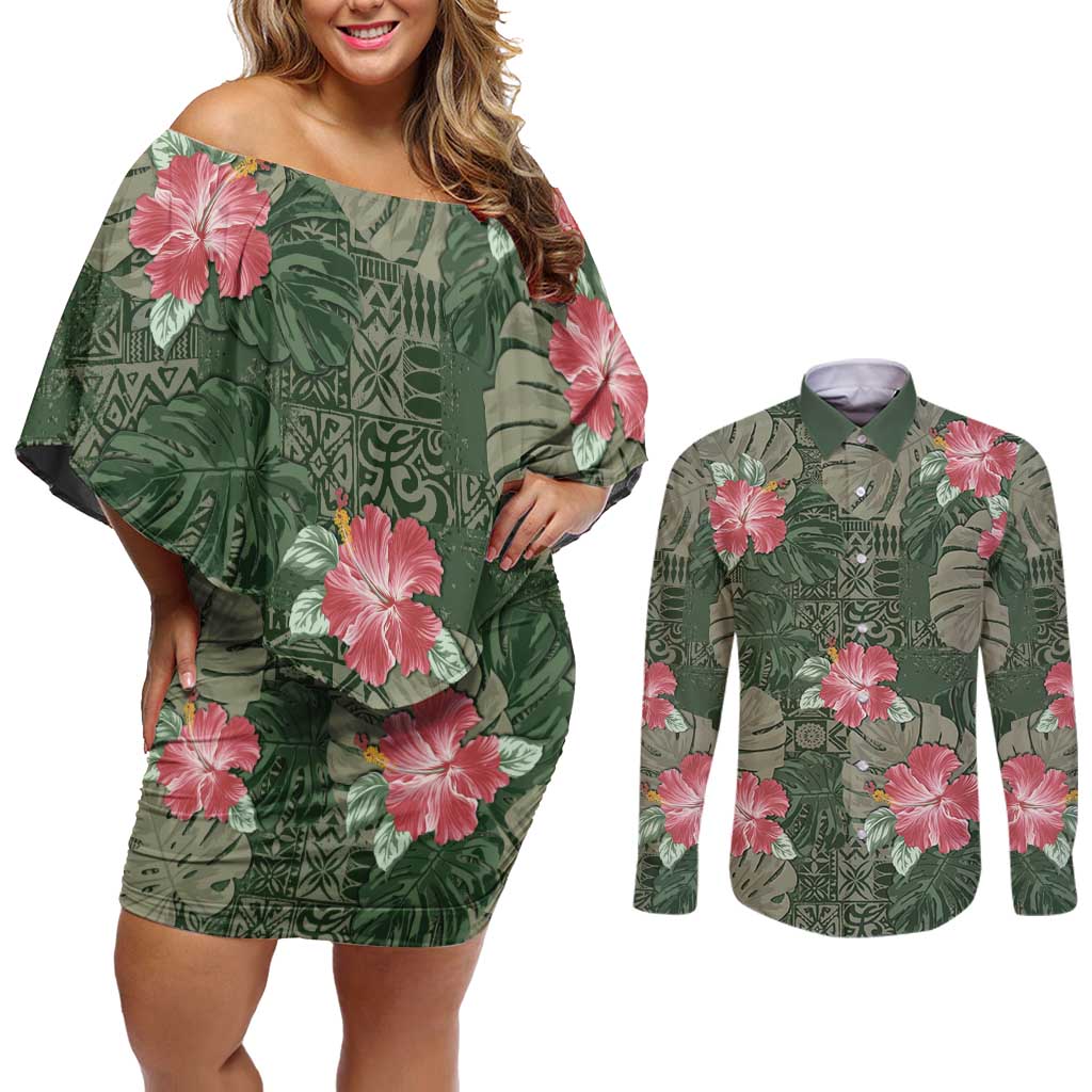 Hawaii Couples Matching Off Shoulder Short Dress and Long Sleeve Button Shirt Green Polynesian Monstera Patterns - Polynesian Pride