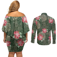 Hawaii Couples Matching Off Shoulder Short Dress and Long Sleeve Button Shirt Green Polynesian Monstera Patterns - Polynesian Pride
