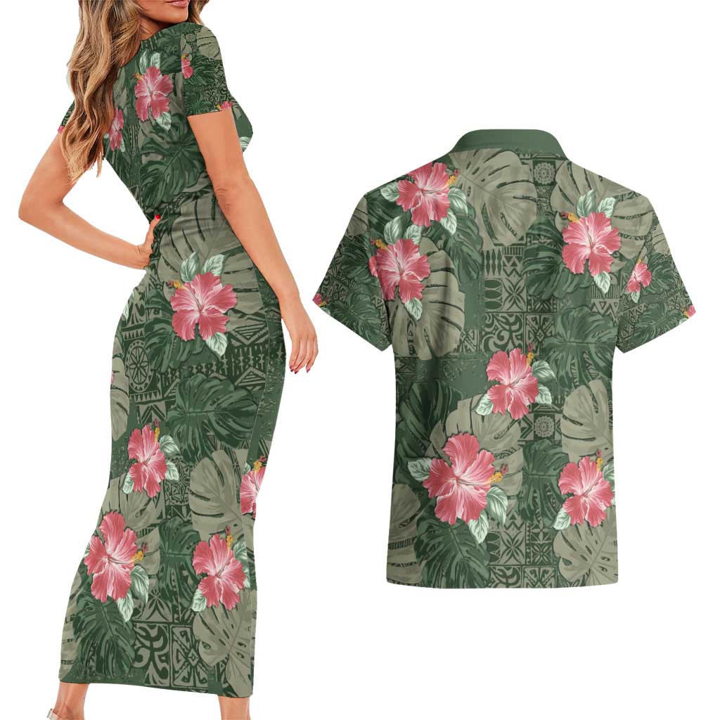 Hawaii Couples Matching Short Sleeve Bodycon Dress and Hawaiian Shirt Green Polynesian Monstera Patterns - Polynesian Pride