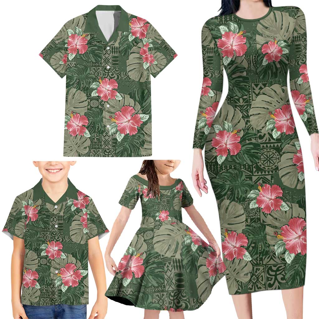 Hawaii Family Matching Long Sleeve Bodycon Dress and Hawaiian Shirt Green Polynesian Monstera Patterns - Polynesian Pride