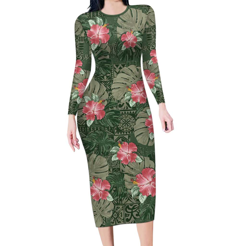 Hawaii Family Matching Long Sleeve Bodycon Dress and Hawaiian Shirt Green Polynesian Monstera Patterns DT05 Mom's Dress Green - Polynesian Pride