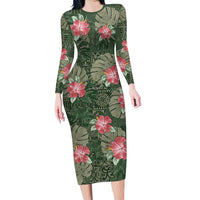Hawaii Family Matching Long Sleeve Bodycon Dress and Hawaiian Shirt Green Polynesian Monstera Patterns DT05 Mom's Dress Green - Polynesian Pride