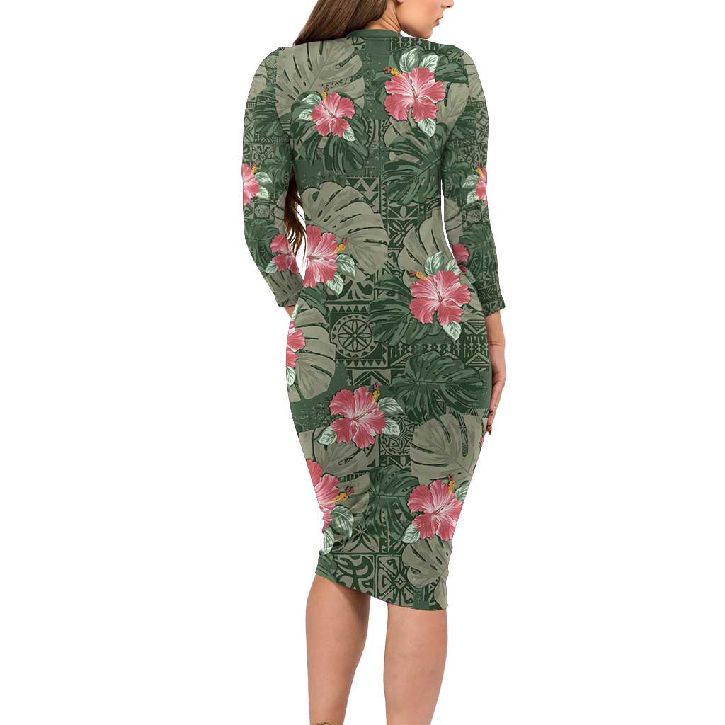 Hawaii Family Matching Long Sleeve Bodycon Dress and Hawaiian Shirt Green Polynesian Monstera Patterns DT05 - Polynesian Pride