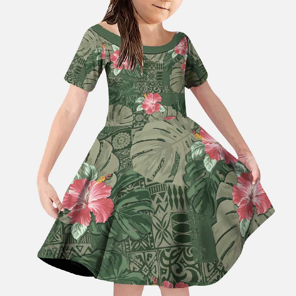 Hawaii Family Matching Mermaid Dress and Hawaiian Shirt Green Polynesian Monstera Patterns DT05 Daughter's Dress Green - Polynesian Pride