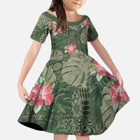Hawaii Family Matching Mermaid Dress and Hawaiian Shirt Green Polynesian Monstera Patterns DT05 Daughter's Dress Green - Polynesian Pride