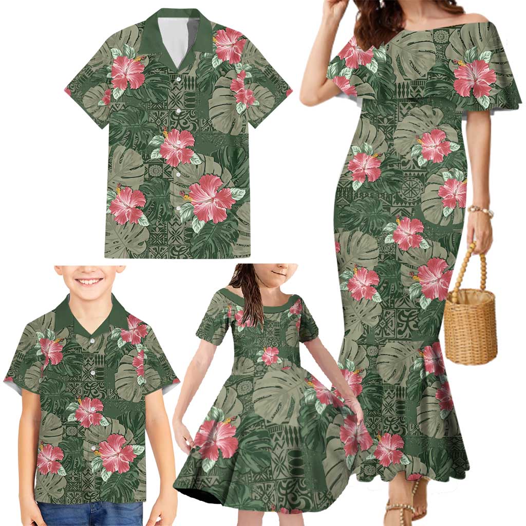 Hawaii Family Matching Mermaid Dress and Hawaiian Shirt Green Polynesian Monstera Patterns DT05 - Polynesian Pride