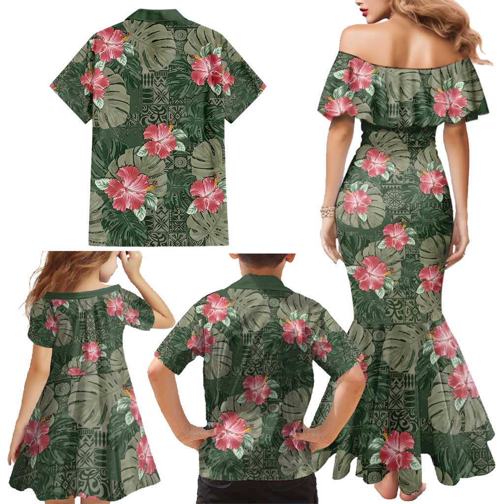 Hawaii Family Matching Mermaid Dress and Hawaiian Shirt Green Polynesian Monstera Patterns DT05 - Polynesian Pride