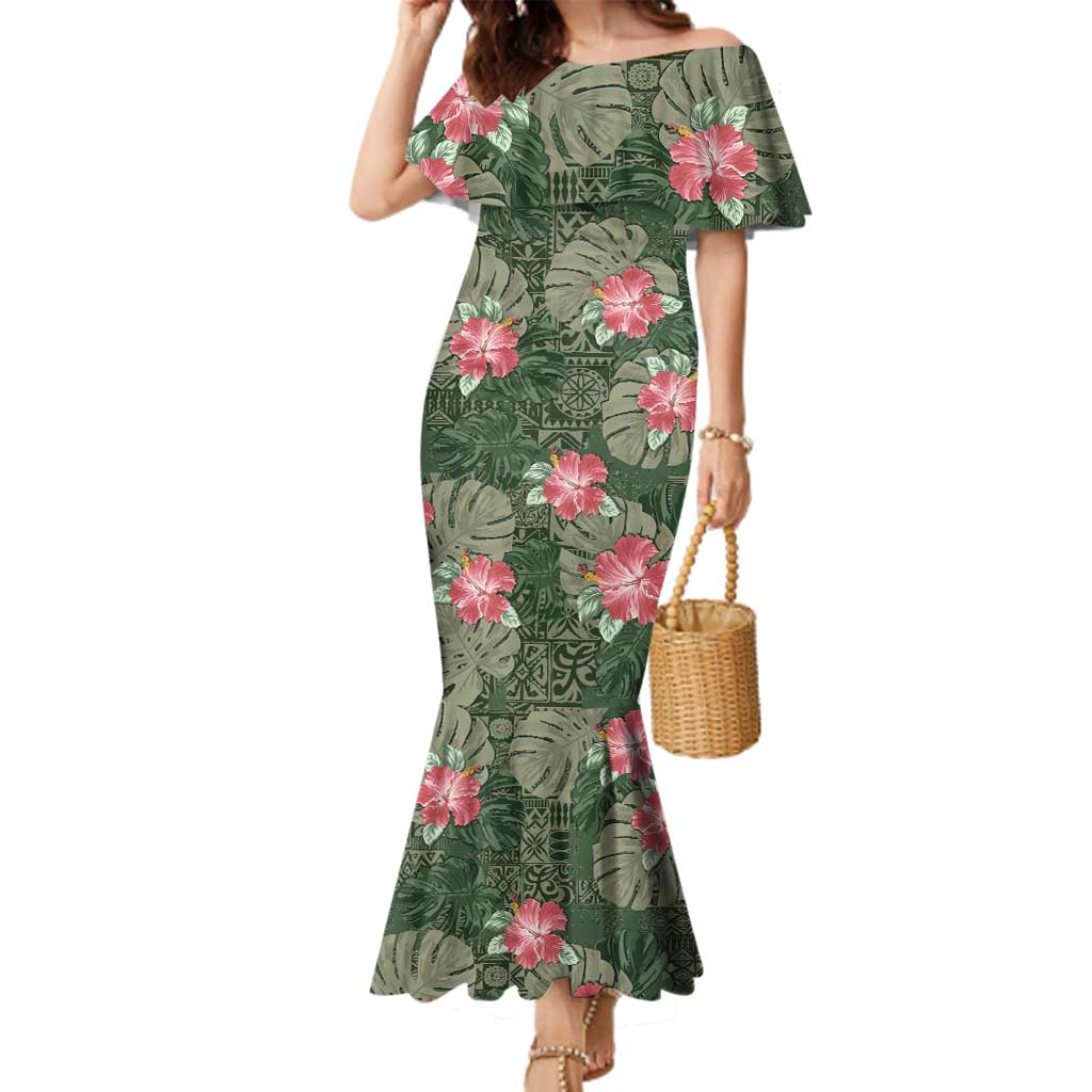 Hawaii Family Matching Mermaid Dress and Hawaiian Shirt Green Polynesian Monstera Patterns DT05 Mom's Dress Green - Polynesian Pride