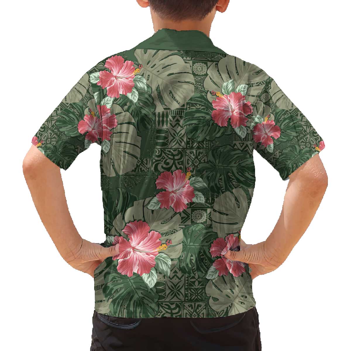 Hawaii Family Matching Off The Shoulder Long Sleeve Dress and Hawaiian Shirt Green Polynesian Monstera Patterns DT05 - Polynesian Pride