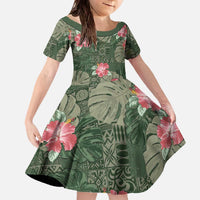 Hawaii Family Matching Off The Shoulder Long Sleeve Dress and Hawaiian Shirt Green Polynesian Monstera Patterns DT05 Daughter's Dress Green - Polynesian Pride