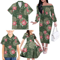 Hawaii Family Matching Off The Shoulder Long Sleeve Dress and Hawaiian Shirt Green Polynesian Monstera Patterns DT05 - Polynesian Pride