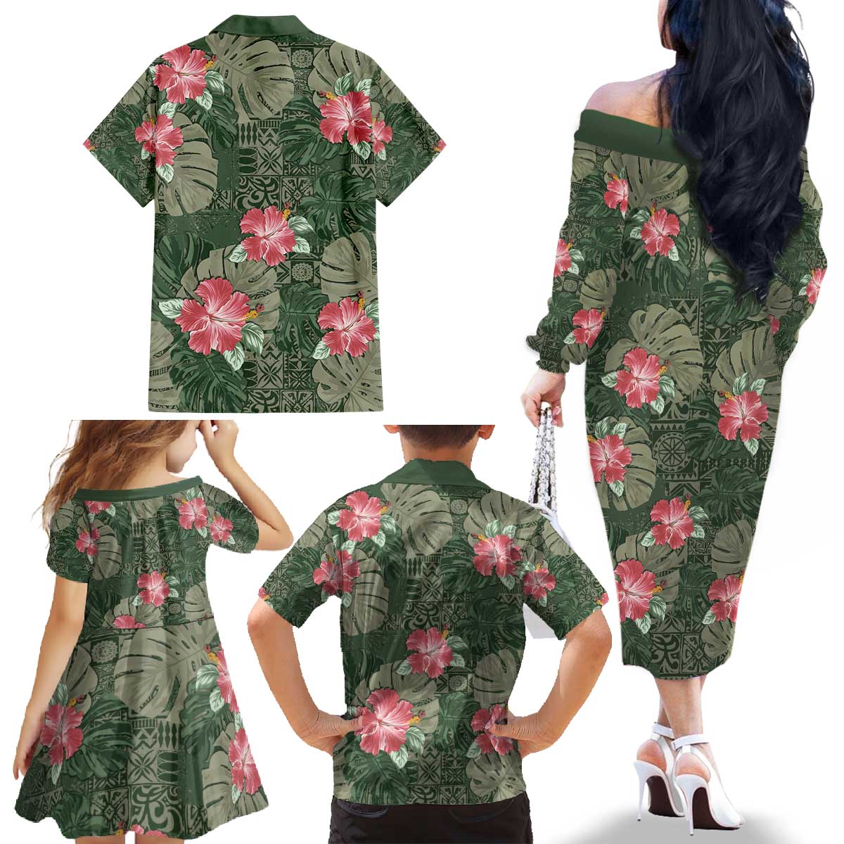 Hawaii Family Matching Off The Shoulder Long Sleeve Dress and Hawaiian Shirt Green Polynesian Monstera Patterns DT05 - Polynesian Pride