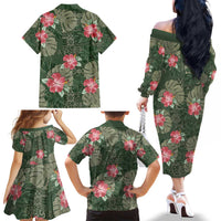 Hawaii Family Matching Off The Shoulder Long Sleeve Dress and Hawaiian Shirt Green Polynesian Monstera Patterns DT05 - Polynesian Pride