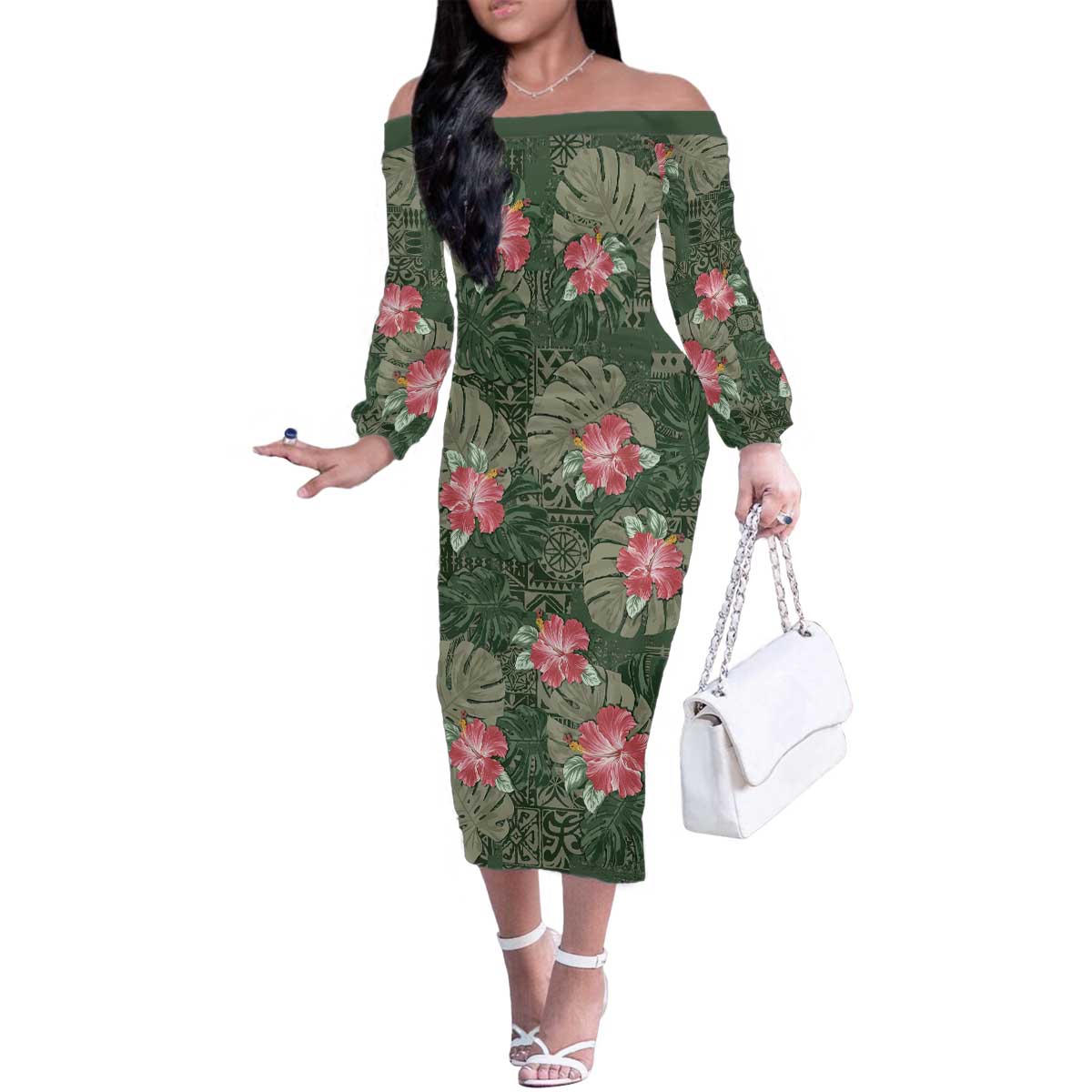 Hawaii Family Matching Off The Shoulder Long Sleeve Dress and Hawaiian Shirt Green Polynesian Monstera Patterns DT05 Mom's Dress Green - Polynesian Pride
