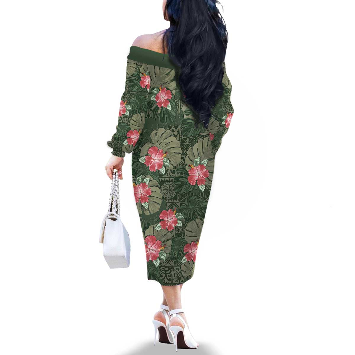 Hawaii Family Matching Off The Shoulder Long Sleeve Dress and Hawaiian Shirt Green Polynesian Monstera Patterns DT05 - Polynesian Pride
