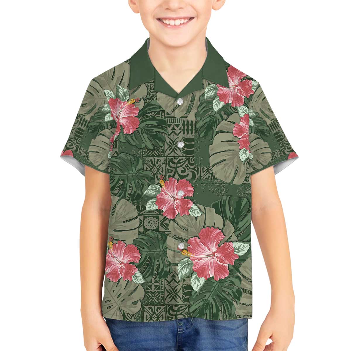 Hawaii Family Matching Off The Shoulder Long Sleeve Dress and Hawaiian Shirt Green Polynesian Monstera Patterns DT05 Son's Shirt Green - Polynesian Pride