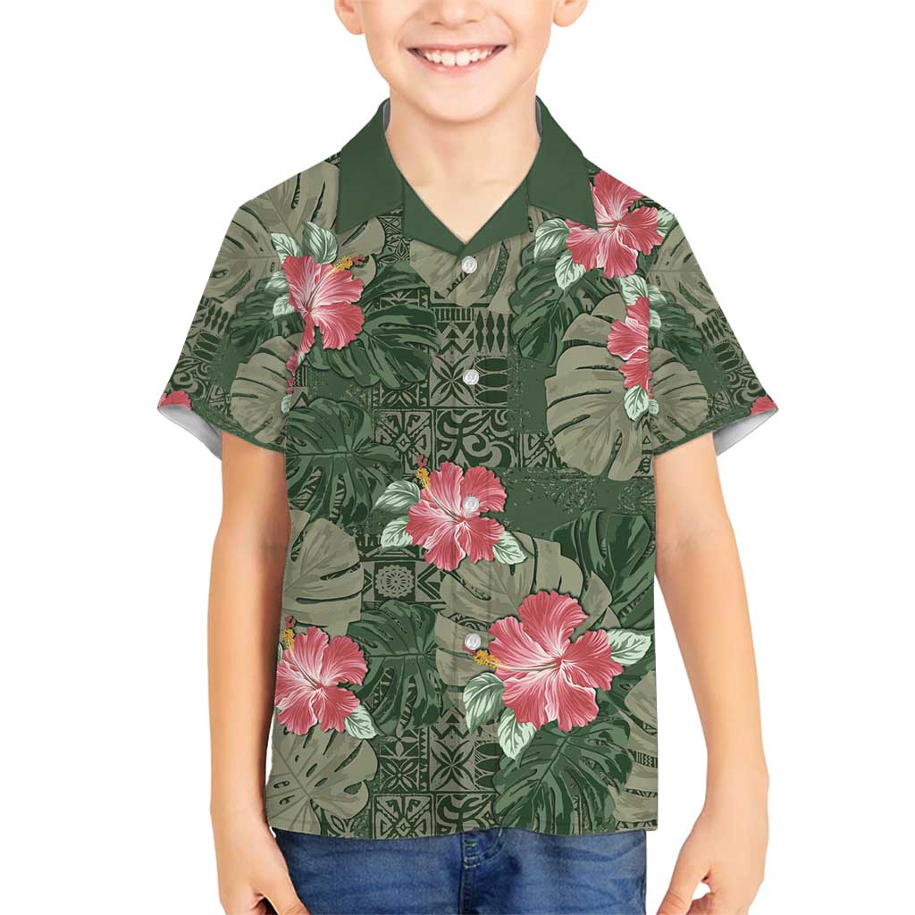 Hawaii Family Matching Off Shoulder Maxi Dress and Hawaiian Shirt Green Polynesian Monstera Patterns - Polynesian Pride