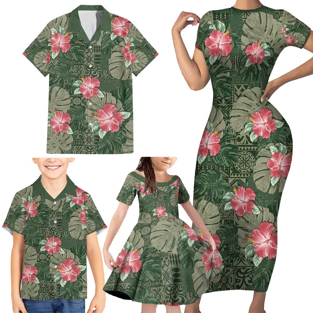 Hawaii Family Matching Short Sleeve Bodycon Dress and Hawaiian Shirt Green Polynesian Monstera Patterns DT05 - Polynesian Pride