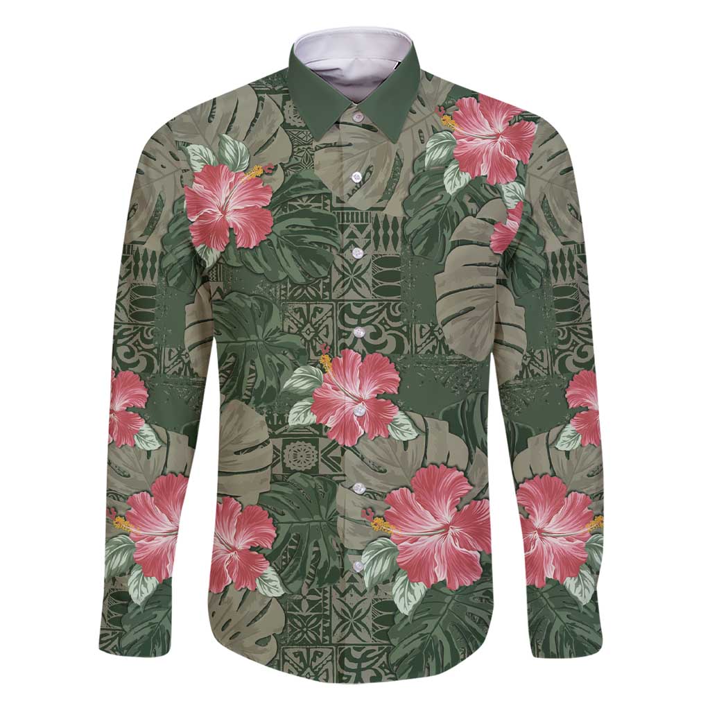 Hawaii Family Matching Short Sleeve Bodycon Dress and Hawaiian Shirt Green Polynesian Monstera Patterns DT05 Dad's Shirt - Long Sleeve Green - Polynesian Pride